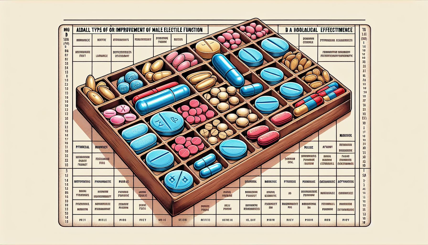 An assortment of pills for treating erectile dysfunction displayed on a table.